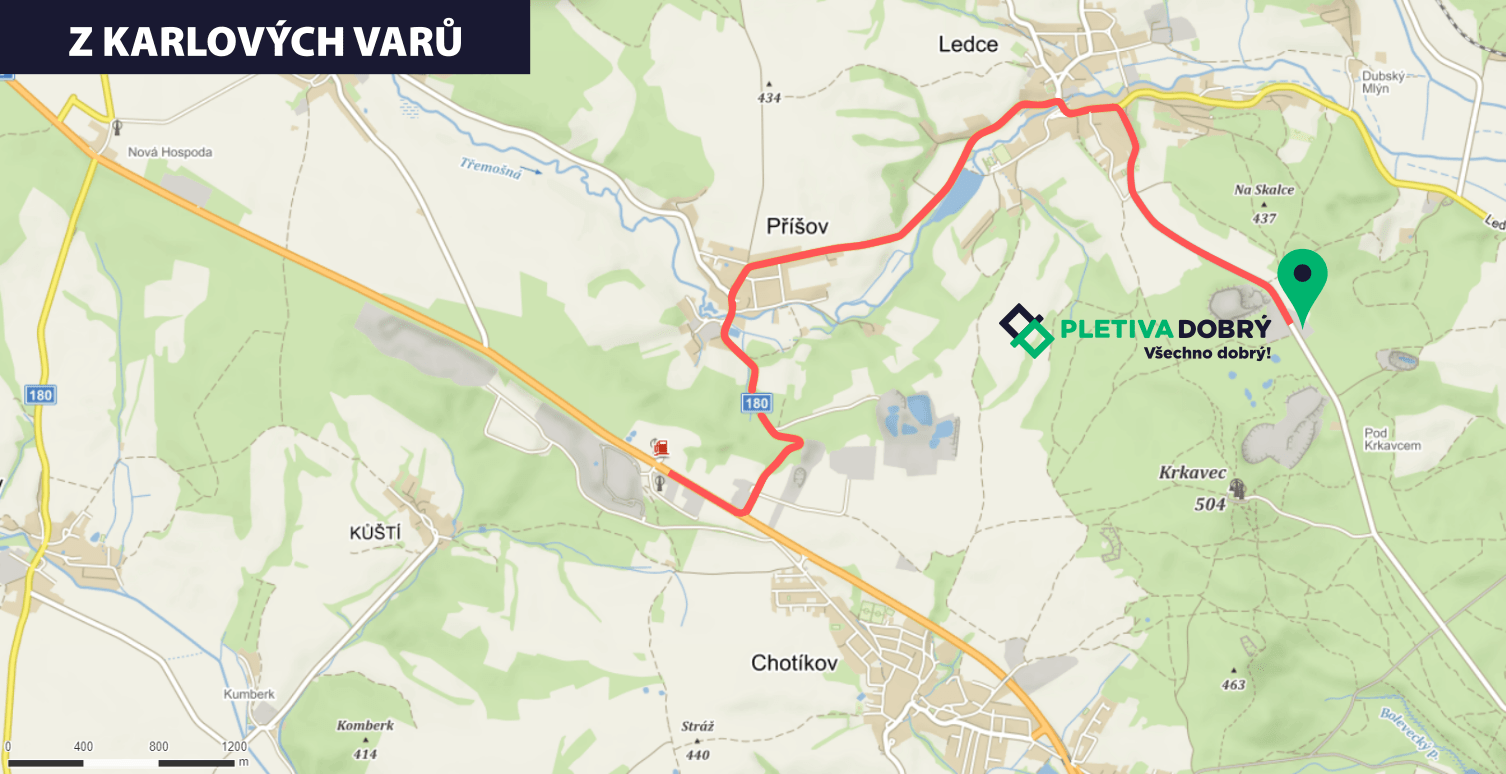 mapa – zakreslená trasa z Karlových Varů na pobočku Pletiva Dobrý